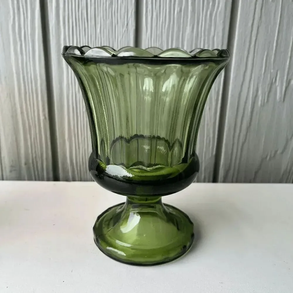 3 Piece VTG Indiana Glass Avocado Green Pedestal Vases + Amber Mount Vernon Set